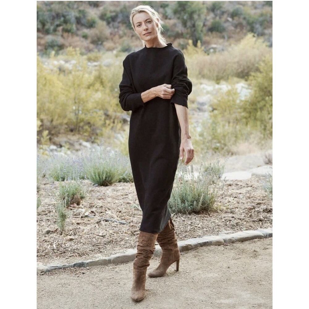 Frank & Eileen Funnel Neck Cotton Midi Dress Women’s Size XS Black Raw Hem Soft